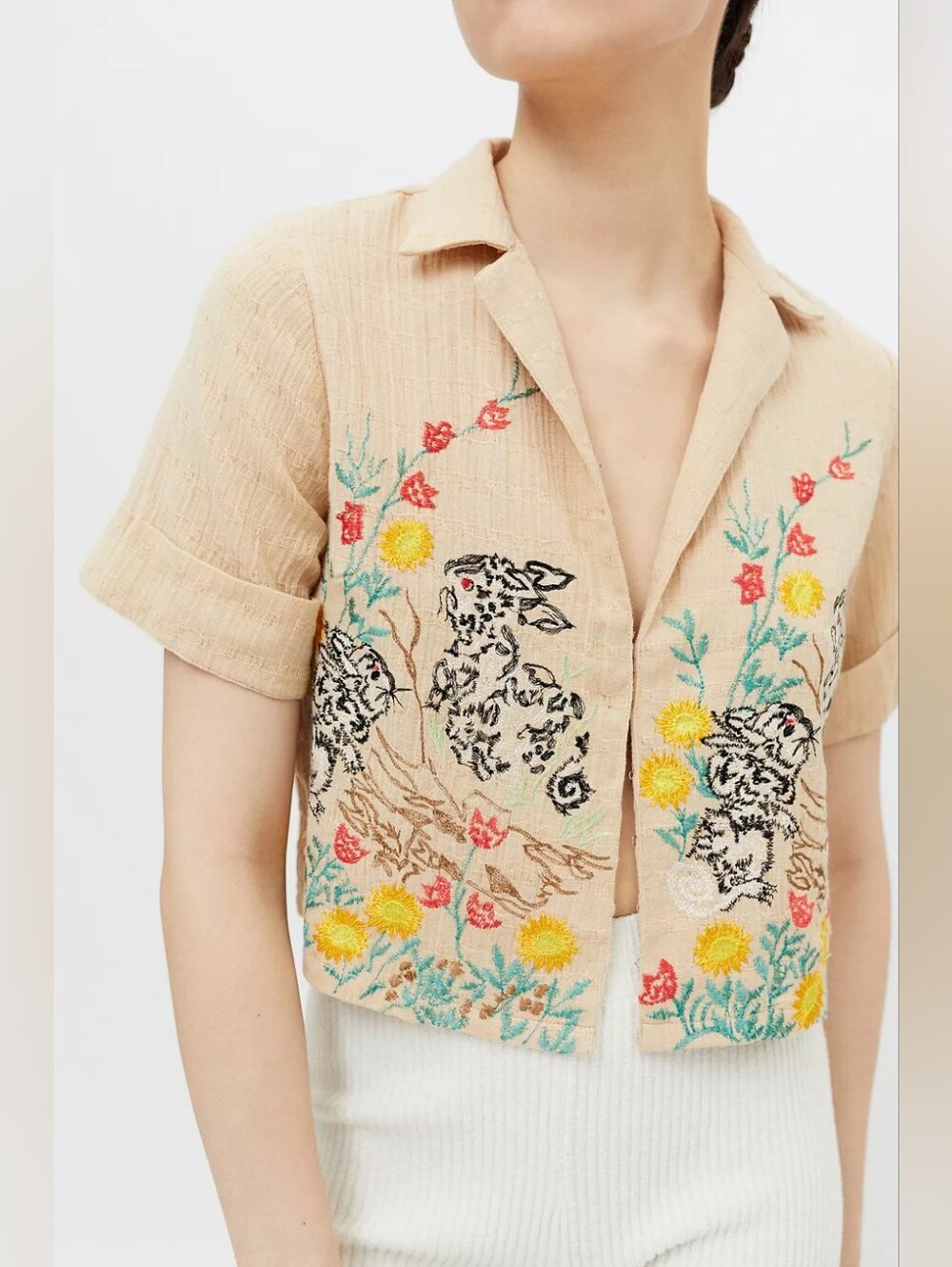 Urban Outfitters UO Bunny Embroidered Linen Blend Cropped Blouse - Size Small